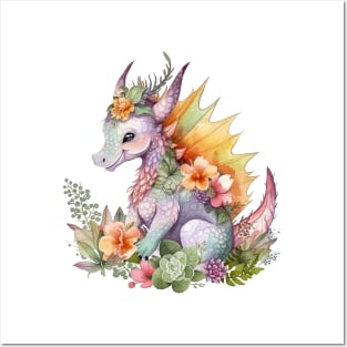 Cute Spring Flower Dragon Watercolor Posters and Art